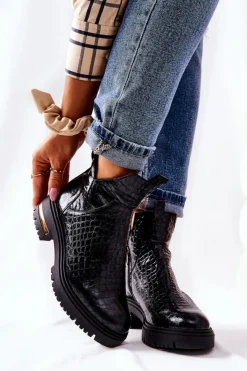 Damskie Boto Skórzane Botki Ocieplane Krokodyl Czarne Tanya