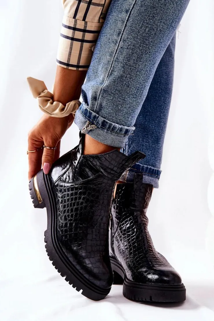 Damskie Boto Skórzane Botki Ocieplane Krokodyl Czarne Tanya