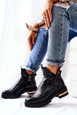 Damskie Boto Skórzane Botki Ocieplane Krokodyl Czarne Tanya