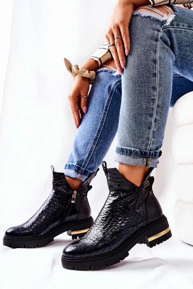 Damskie Boto Skórzane Botki Ocieplane Krokodyl Czarne Tanya