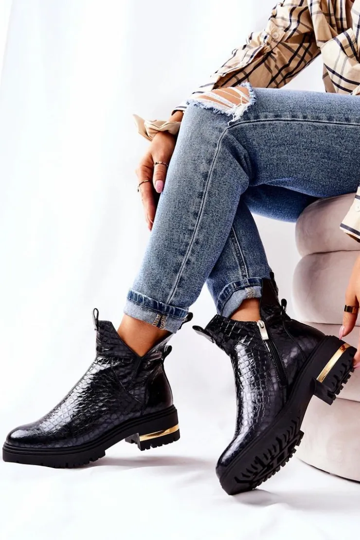 Damskie Boto Skórzane Botki Ocieplane Krokodyl Czarne Tanya