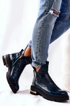 Best Boto Skórzane Botki Ocieplane Krokodyl Zielone Tanya