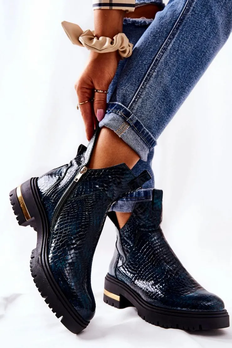 Best Boto Skórzane Botki Ocieplane Krokodyl Zielone Tanya