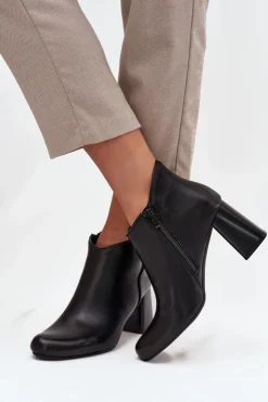 Damskie Boto Skórzane Botki Ocieplane Na Słupku Czarne Ivessara