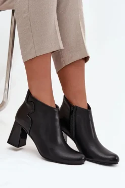 Damskie Boto Skórzane Botki Ocieplane Na Słupku Czarne Ivessara