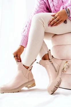 Sale Boto Skórzane Botki Ocieplane Z Wycięciem Beżowe Tanya