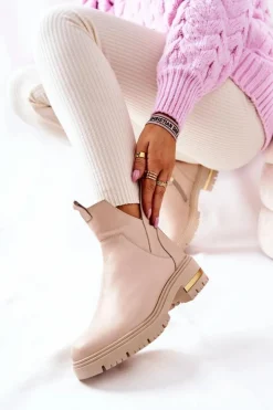 Sale Boto Skórzane Botki Ocieplane Z Wycięciem Beżowe Tanya