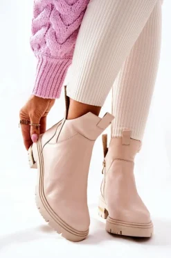 Sale Boto Skórzane Botki Ocieplane Z Wycięciem Beżowe Tanya