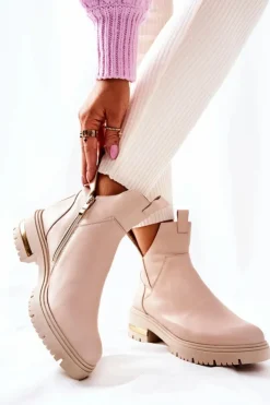 Sale Boto Skórzane Botki Ocieplane Z Wycięciem Beżowe Tanya