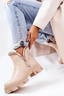 Boto Skórzane Botki Ozdobne Suwaki Beżowe Deborah
