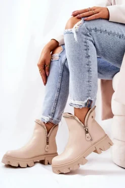 Boto Skórzane Botki Ozdobne Suwaki Beżowe Deborah