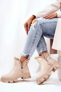 Boto Skórzane Botki Ozdobne Suwaki Beżowe Deborah