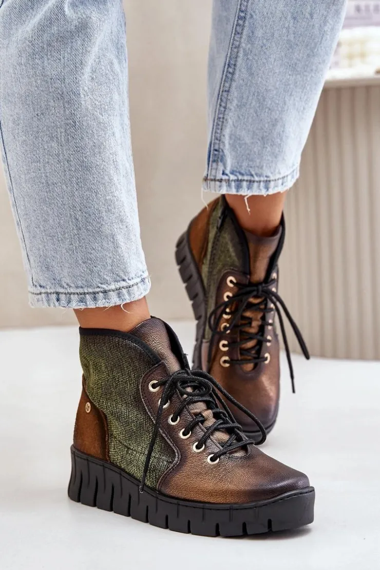 Maciejka Botki Maciejka|Botki Skórzane*Skórzane Botki Platformie I Koturnie 06702-09 Zielono-Złote