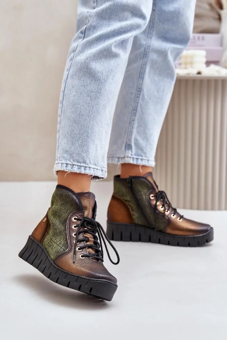 Maciejka Botki Maciejka|Botki Skórzane*Skórzane Botki Platformie I Koturnie 06702-09 Zielono-Złote