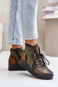 Maciejka Botki Maciejka|Botki Skórzane*Skórzane Botki Platformie I Koturnie 06702-09 Zielono-Złote