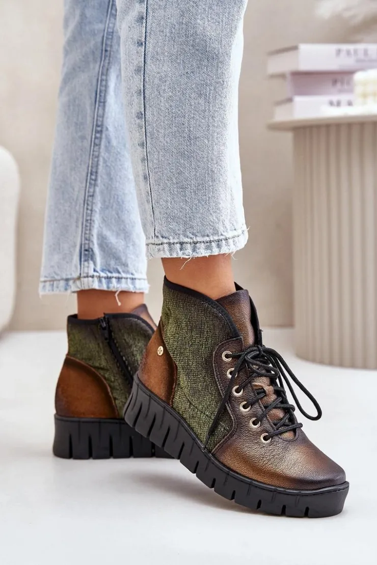 Maciejka Botki Maciejka|Botki Skórzane*Skórzane Botki Platformie I Koturnie 06702-09 Zielono-Złote