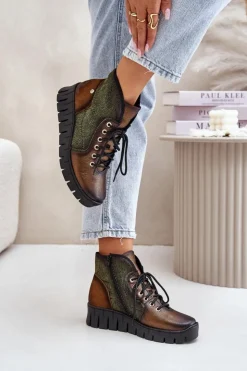Maciejka Botki Maciejka|Botki Skórzane*Skórzane Botki Platformie I Koturnie 06702-09 Zielono-Złote