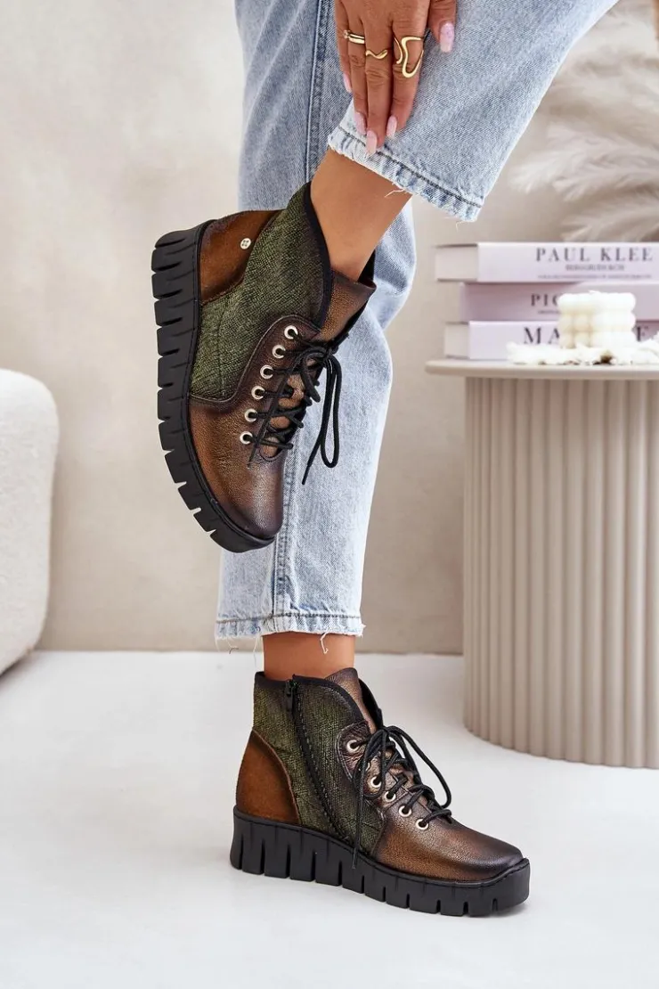 Maciejka Botki Maciejka|Botki Skórzane*Skórzane Botki Platformie I Koturnie 06702-09 Zielono-Złote