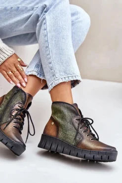 Maciejka Botki Maciejka|Botki Skórzane*Skórzane Botki Platformie I Koturnie 06702-09 Zielono-Złote