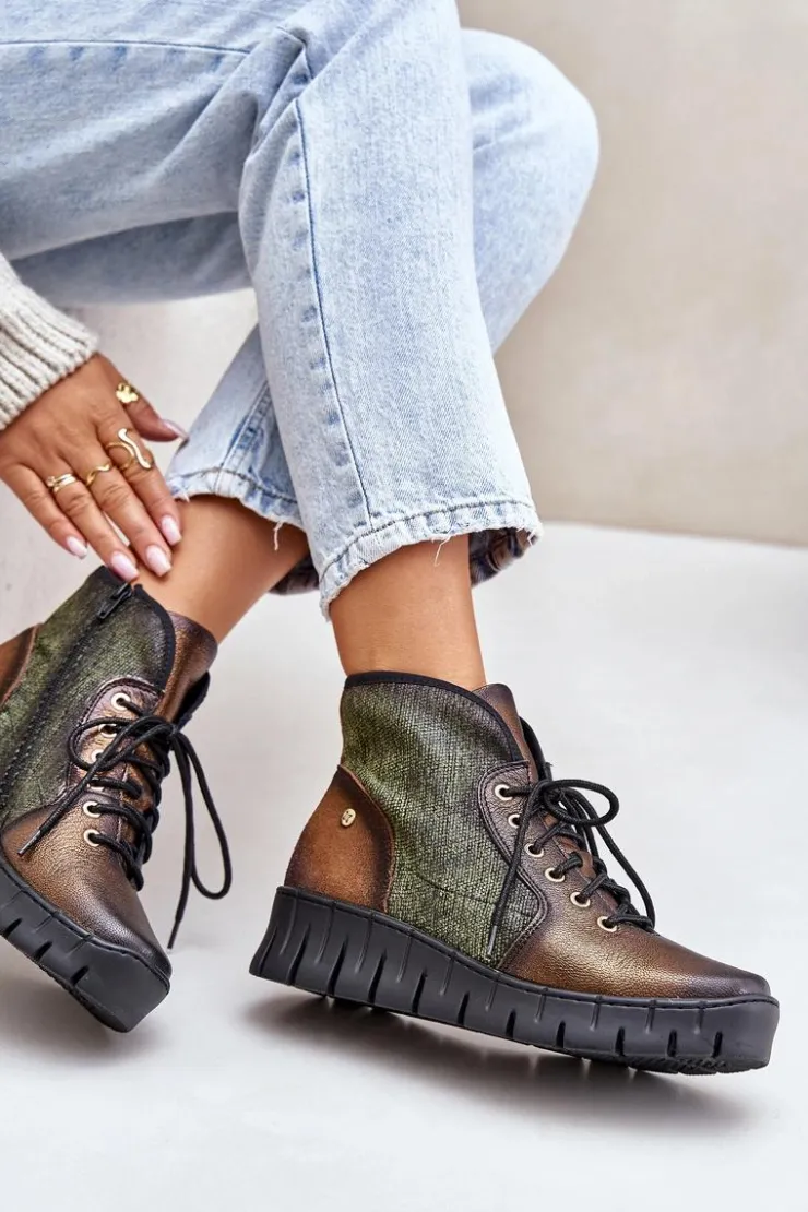 Maciejka Botki Maciejka|Botki Skórzane*Skórzane Botki Platformie I Koturnie 06702-09 Zielono-Złote