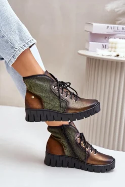 Maciejka Botki Maciejka|Botki Skórzane*Skórzane Botki Platformie I Koturnie 06702-09 Zielono-Złote