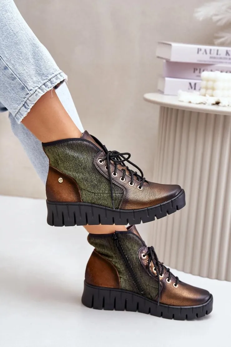 Maciejka Botki Maciejka|Botki Skórzane*Skórzane Botki Platformie I Koturnie 06702-09 Zielono-Złote