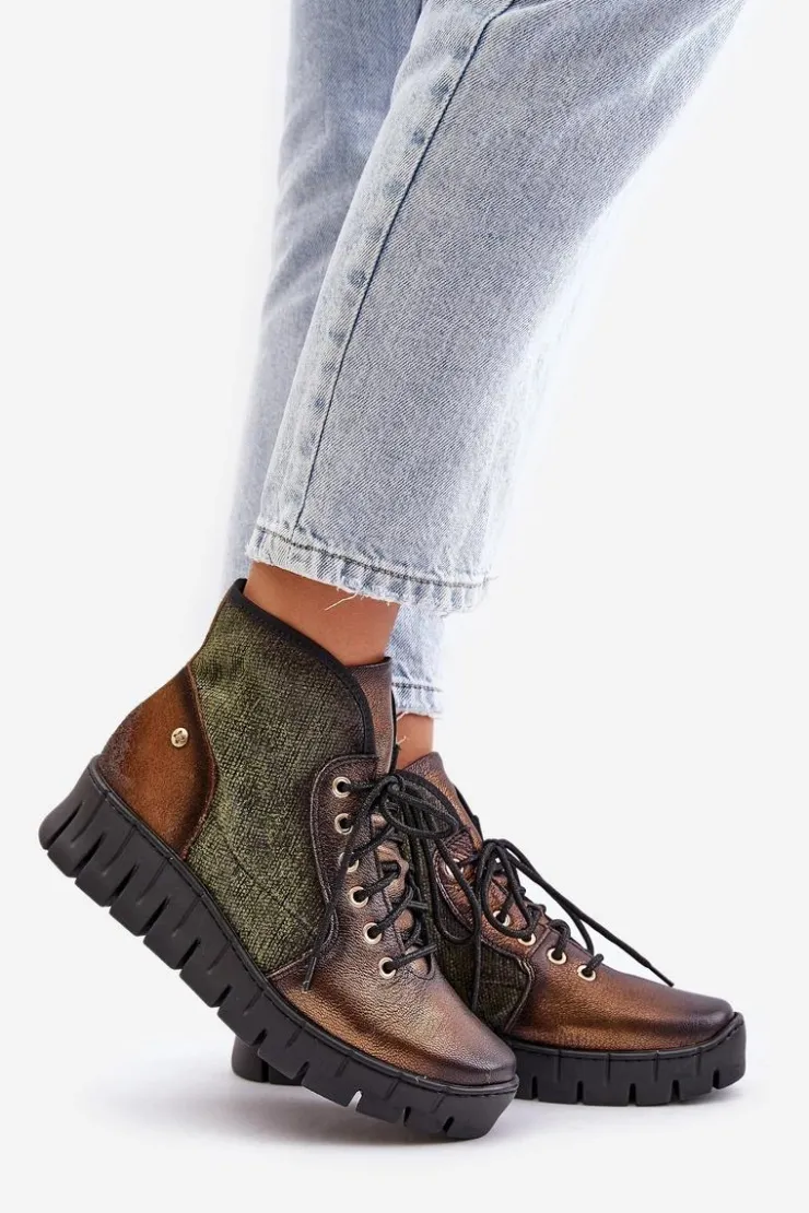 Maciejka Botki Maciejka|Botki Skórzane*Skórzane Botki Platformie I Koturnie 06702-09 Zielono-Złote