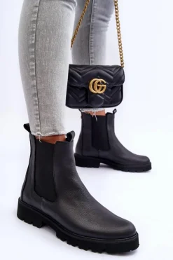 Damskie Boto Skórzane Botki Sztyblety Czarne Nicole 2672