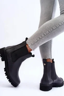 Damskie Boto Skórzane Botki Sztyblety Czarne Nicole 2672