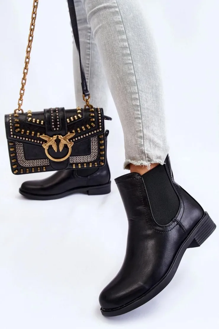 Damskie Boto Skórzane Botki Sztyblety Czarne Astate