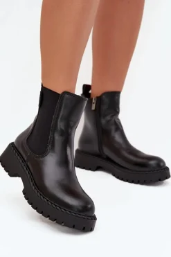 Big Star Shoes Botki Ocieplane|Czarne Botki*Skórzane Botki Sztyblety Damskie Ocieplane Na Zamek Big Star OO274109 Czarne