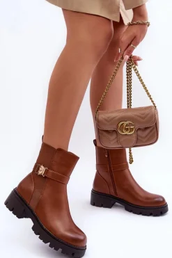 Outlet Boto Skórzane Botki Sztyblety Damskie Brązowe Elspetia