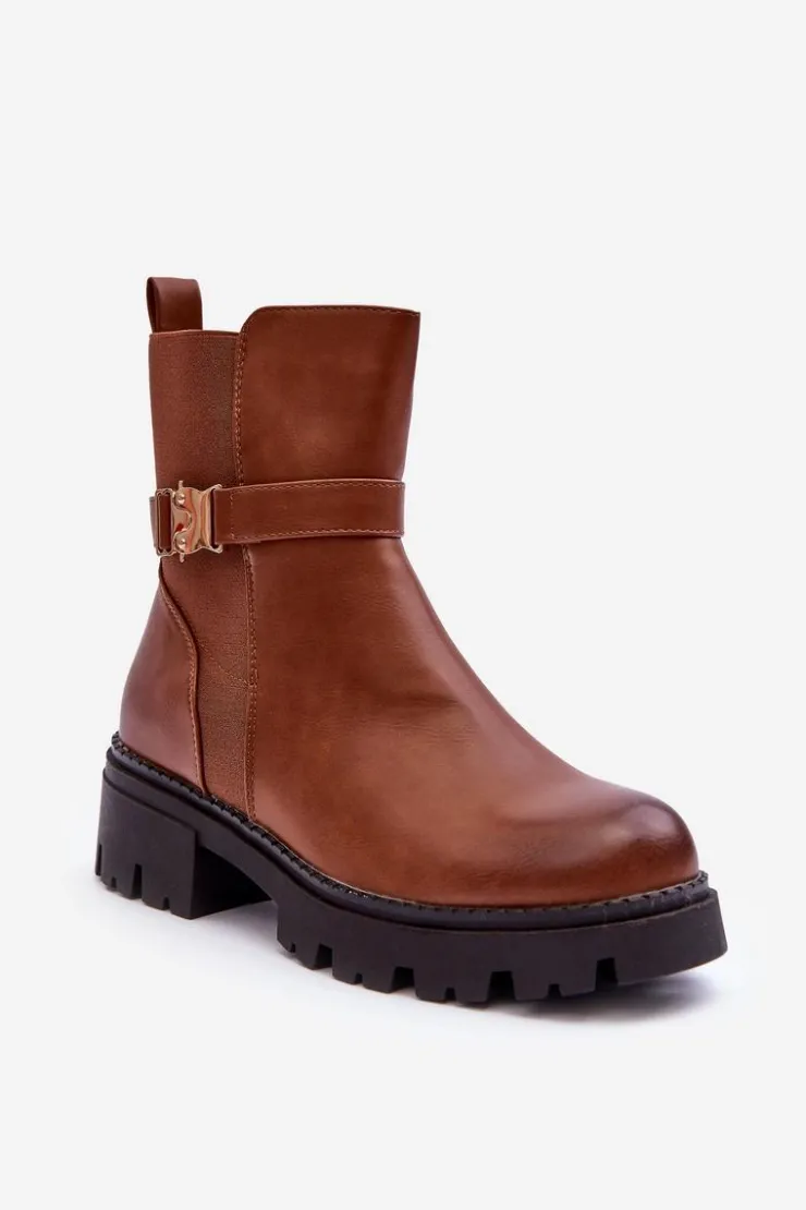 Outlet Boto Skórzane Botki Sztyblety Damskie Brązowe Elspetia