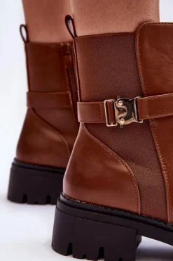 Outlet Boto Skórzane Botki Sztyblety Damskie Brązowe Elspetia