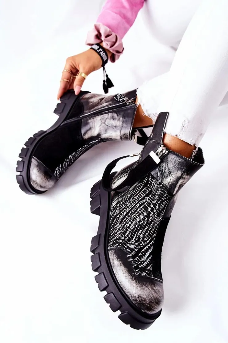 Damskie Maciejka Skórzane Botki Sztyblety Czarno-Białe 05137-21