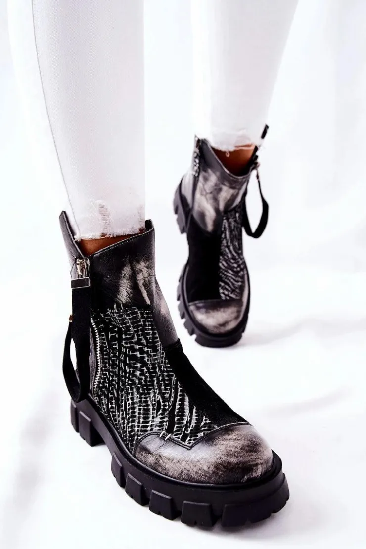 Damskie Maciejka Skórzane Botki Sztyblety Czarno-Białe 05137-21