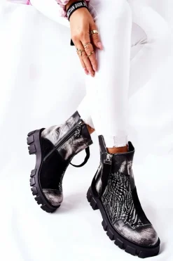 Damskie Maciejka Skórzane Botki Sztyblety Czarno-Białe 05137-21