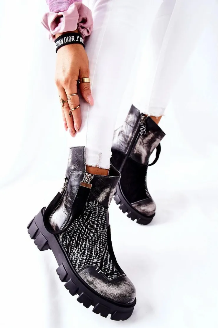 Damskie Maciejka Skórzane Botki Sztyblety Czarno-Białe 05137-21