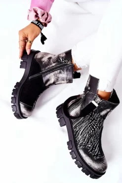 Damskie Maciejka Skórzane Botki Sztyblety Czarno-Białe 05137-21