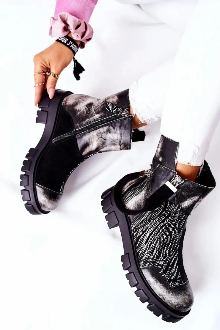 Damskie Maciejka Skórzane Botki Sztyblety Czarno-Białe 05137-21