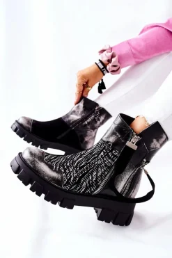 Damskie Maciejka Skórzane Botki Sztyblety Czarno-Białe 05137-21