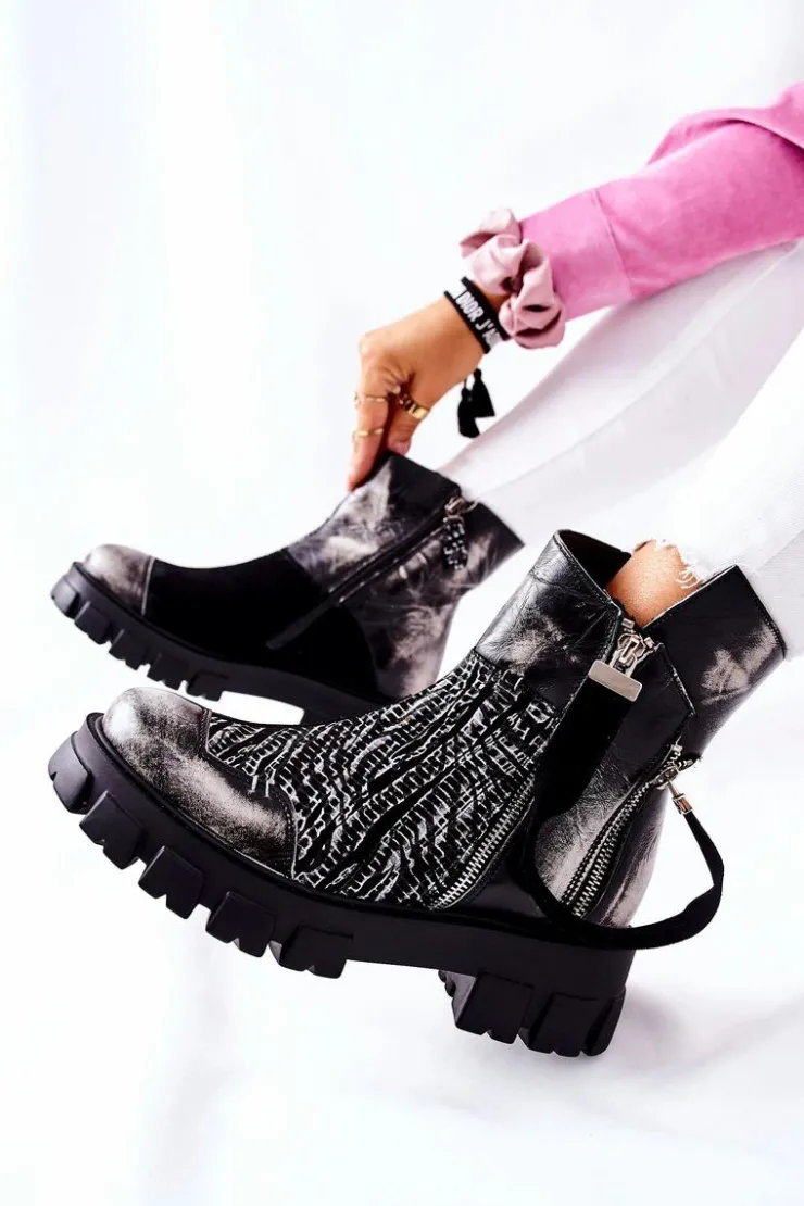 Damskie Maciejka Skórzane Botki Sztyblety Czarno-Białe 05137-21