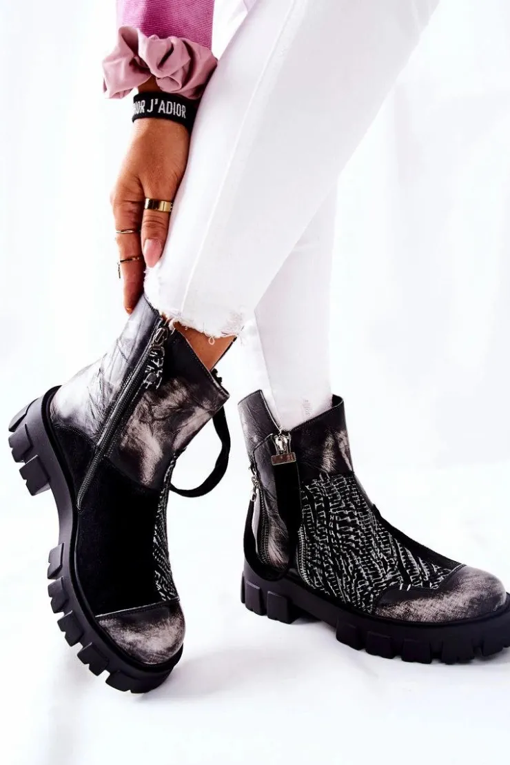 Damskie Maciejka Skórzane Botki Sztyblety Czarno-Białe 05137-21