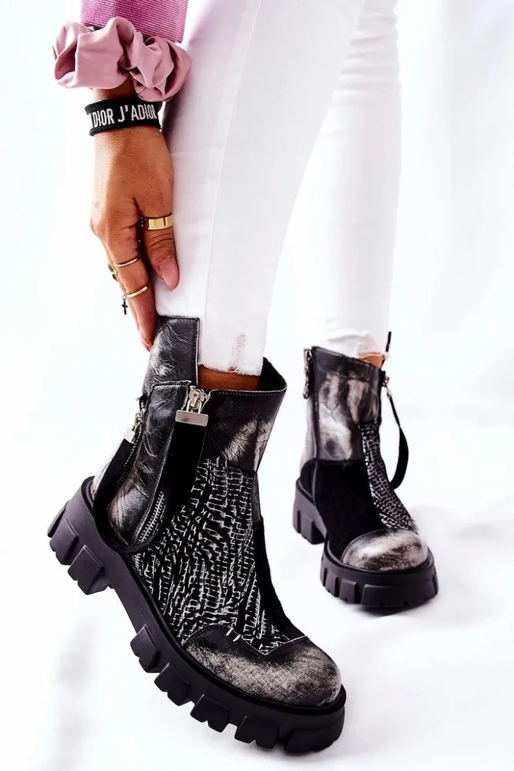 Damskie Maciejka Skórzane Botki Sztyblety Czarno-Białe 05137-21