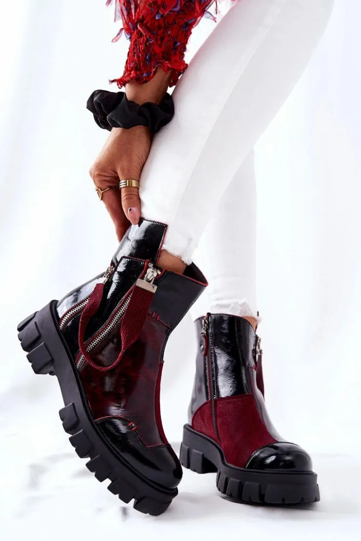 Maciejka Botki Maciejka|Czarne Botki*Skórzane Botki Sztyblety Czarno-Bordowe 05137-33