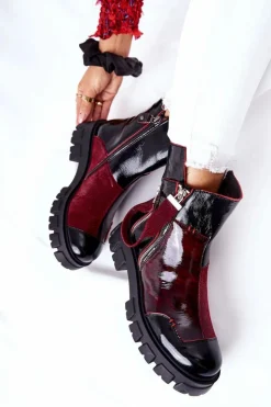 Maciejka Botki Maciejka|Czarne Botki*Skórzane Botki Sztyblety Czarno-Bordowe 05137-33