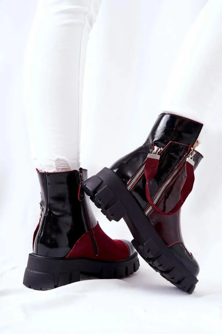 Maciejka Botki Maciejka|Czarne Botki*Skórzane Botki Sztyblety Czarno-Bordowe 05137-33