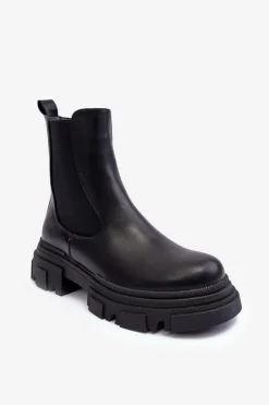 New Boto Skórzane Botki Sztyblety Na Płaskim Obcasie i Platformie Czarne Solita