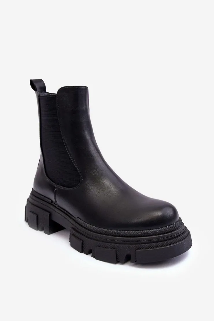 New Boto Skórzane Botki Sztyblety Na Płaskim Obcasie i Platformie Czarne Solita