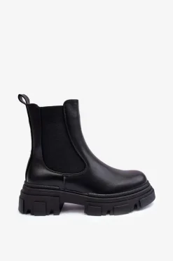 New Boto Skórzane Botki Sztyblety Na Płaskim Obcasie i Platformie Czarne Solita